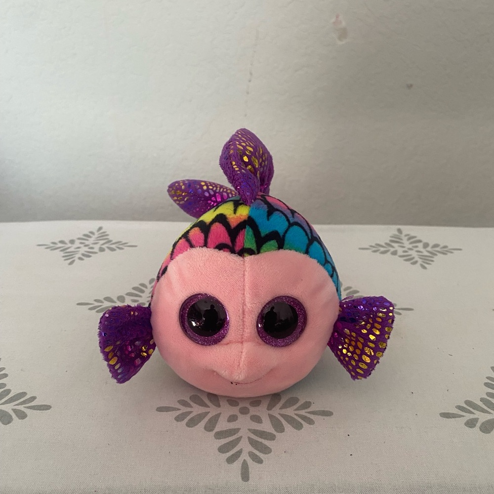 TY Beanie Boo FLIPPY Fish Plush Rainbow Purple Glitter Eyes 6" Plush